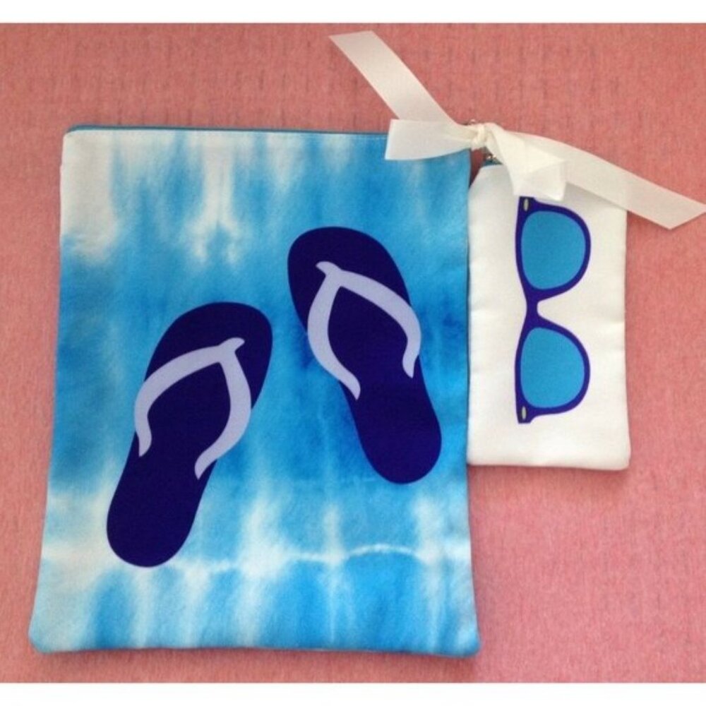 Duo 2 Pouches Blue White Fabric Shoe Flip-Flop Bag & Sunglasses Bag Organizer